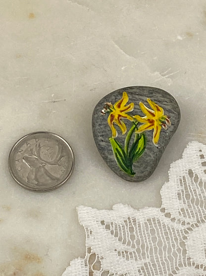 Hand Painted Artisan Brooch with Trout/Glacier Lillies by Derevy Studio
