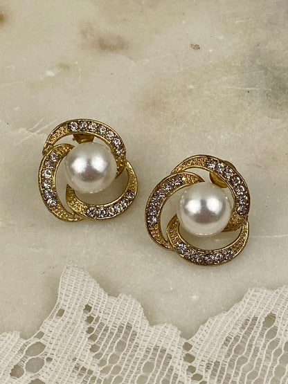 Gold-Tone Earrings with Rhinestones and Faux Pearl for Pierced Ears [Posts]