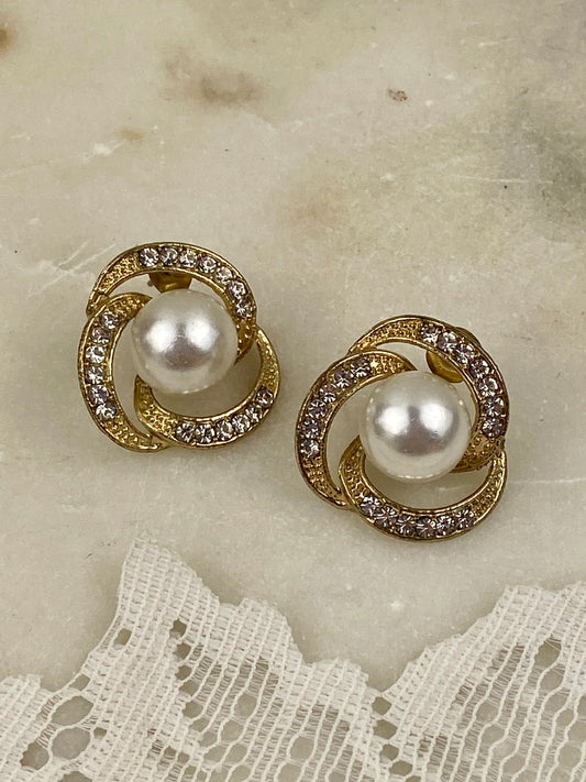 Gold-Tone Earrings with Rhinestones and Faux Pearl for Pierced Ears [Posts]