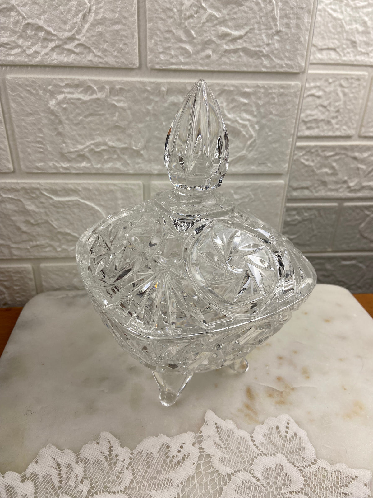 Footed Crystal Candy Dish with Lid | Double Starburst Pattern