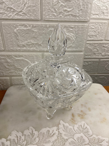Footed Crystal Candy Dish with Lid | Double Starburst Pattern