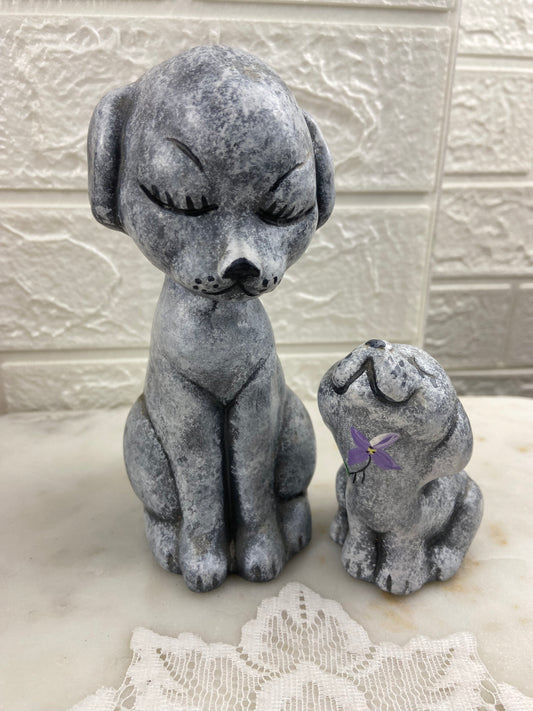 Pair of Hand painted Grey Ceramic Dogs with Purple Floral Pattern