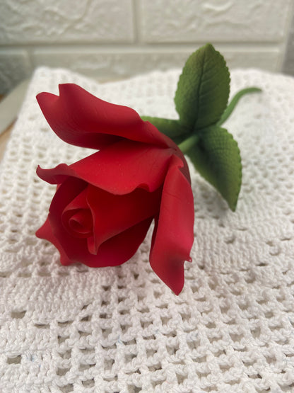 Red Bisque Porcelain Rose with Long Green Stem | Andrea by Sadak