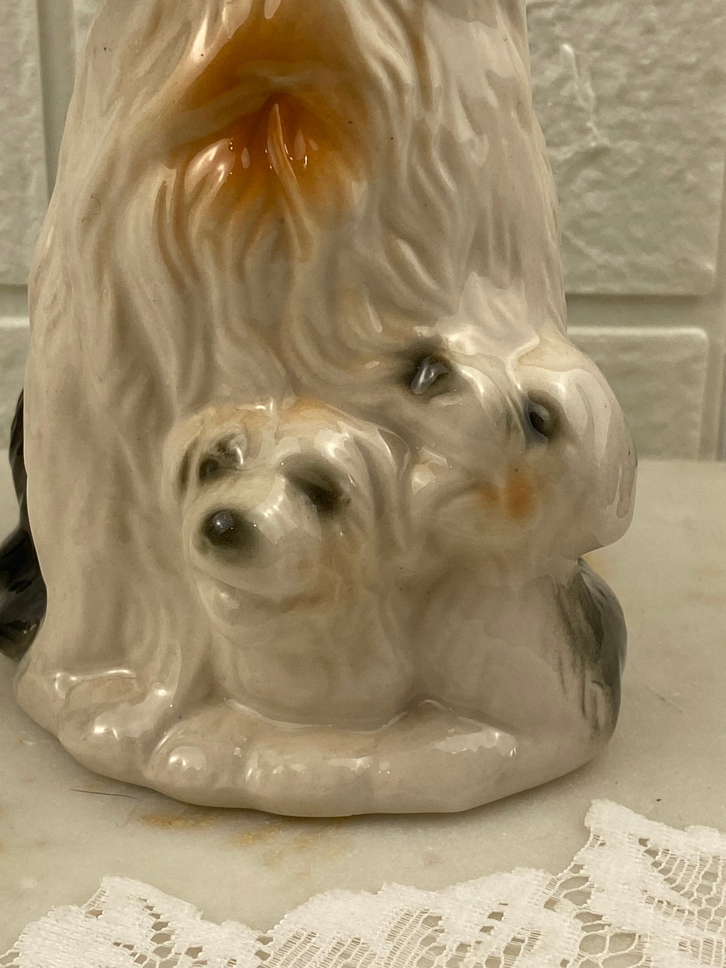 Hand Painted Porcelain Sheepdog with Puppies
