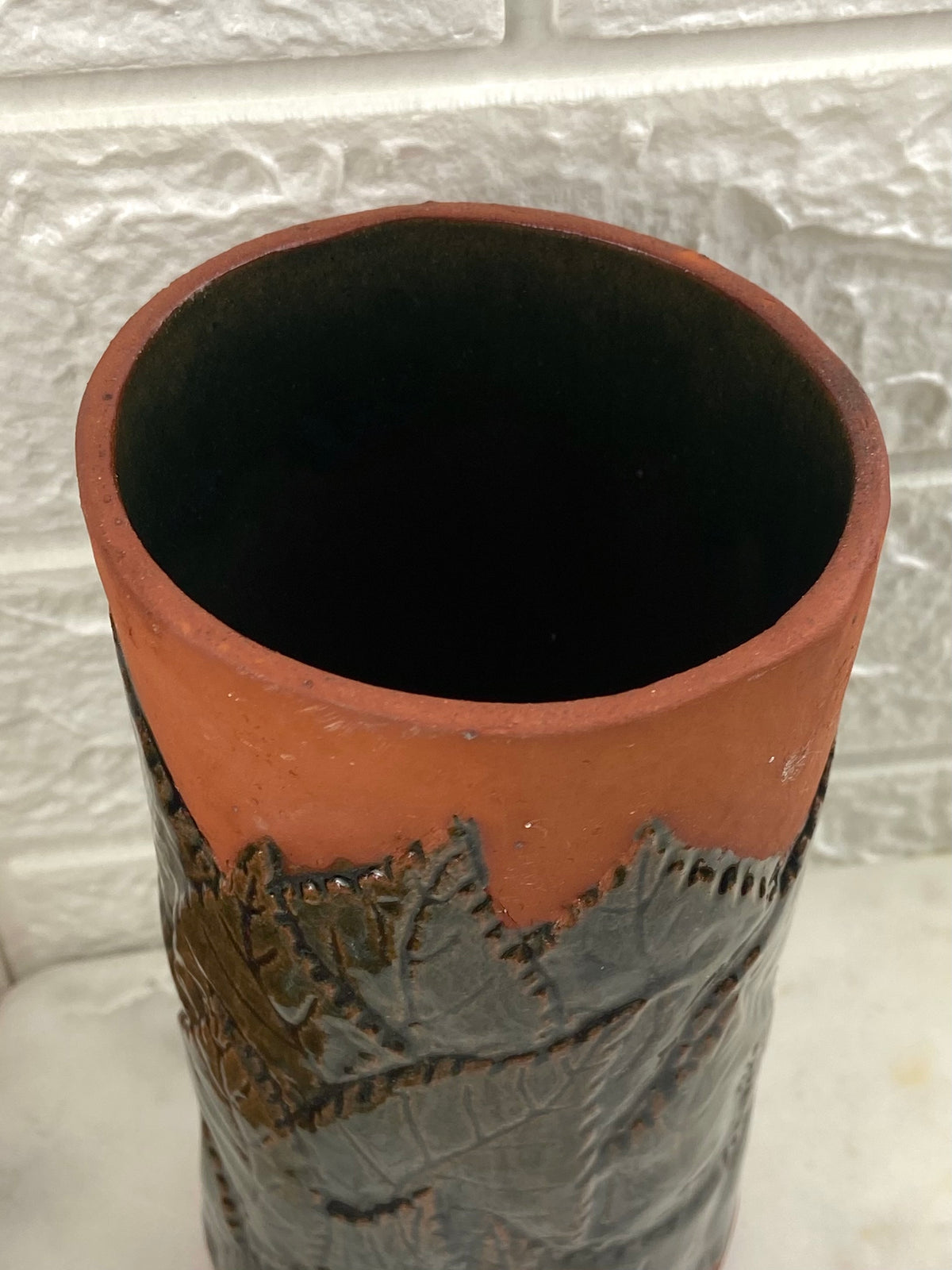 Handmade Red Clay Cylinder Vase with Glazed Textured Leaf Pattern