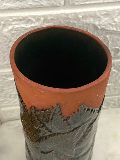 Handmade Red Clay Cylinder Vase with Glazed Textured Leaf Pattern