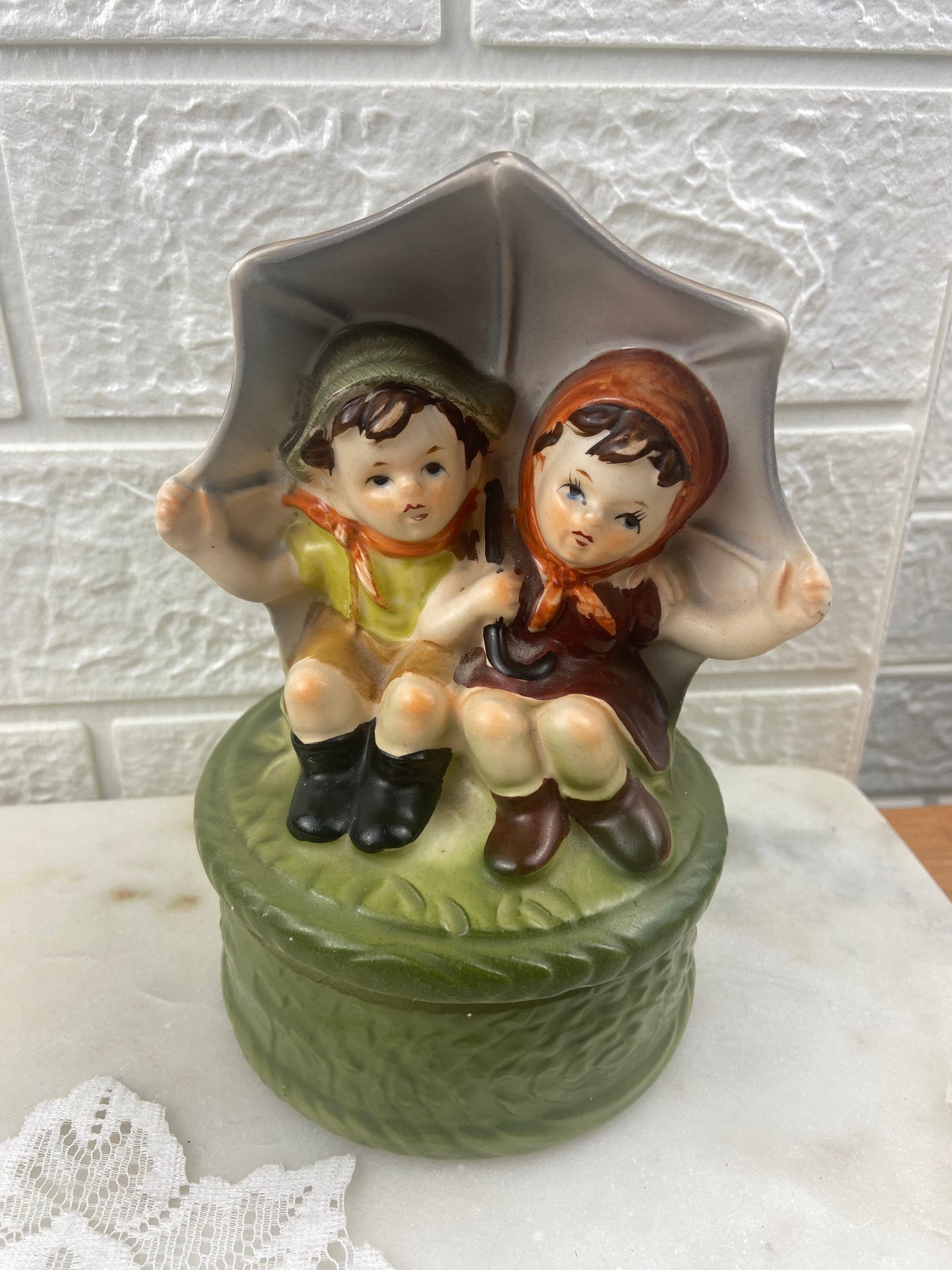 Porcelain Rotating Music Box | Children Sitting Under Umbrella
