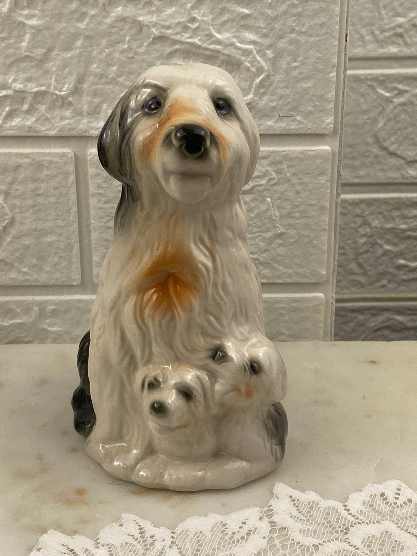 Hand Painted Porcelain Sheepdog with Puppies