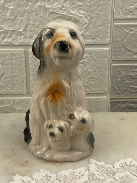 Hand Painted Porcelain Sheepdog with Puppies