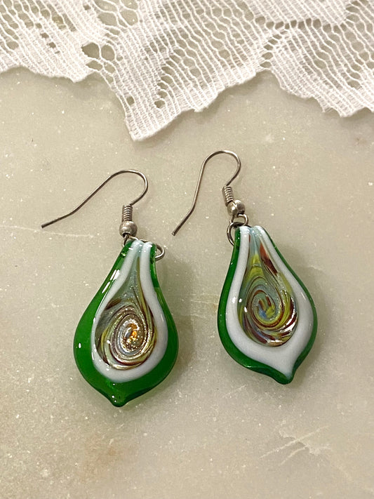 Lamp Turned Green Glass Earrings (Swirl)
