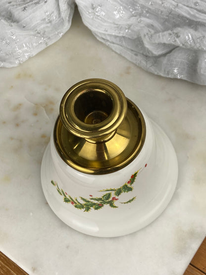 Bell-Shaped Porcelain and Brass Candle Holder | Christmas Holly Pattern