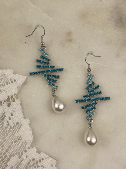Timeless Tapestry Sparkling [Hooks] Silver-Tone Dangle Earrings with Sea Blue Rhinestones