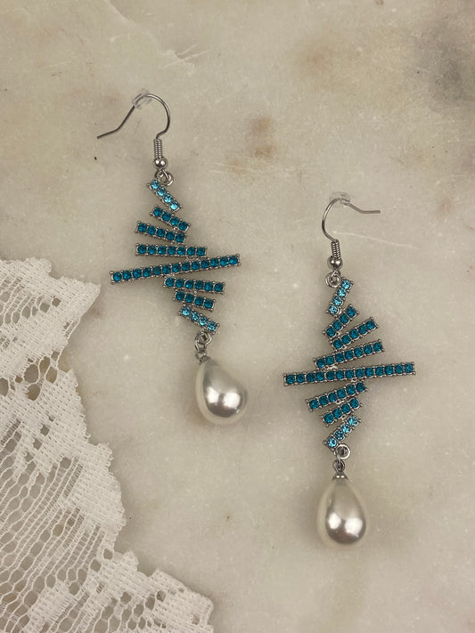 Timeless Tapestry Sparkling [Hooks] Silver-Tone Dangle Earrings with Sea Blue Rhinestones