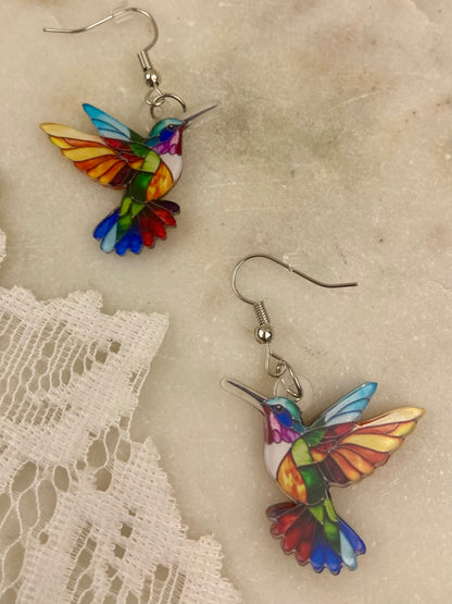 Colourful Plastic Hummingbird Dangle Earrings [Hooks]