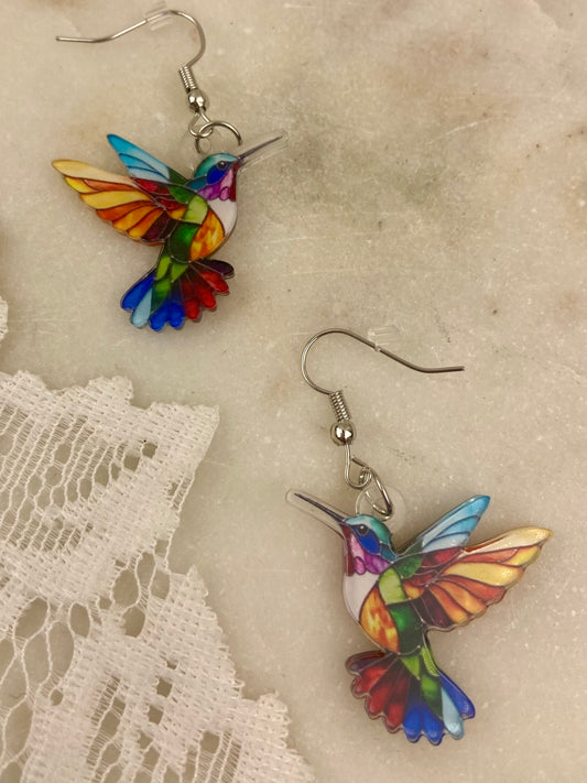 Colourful Plastic Hummingbird Dangle Earrings [Hooks]
