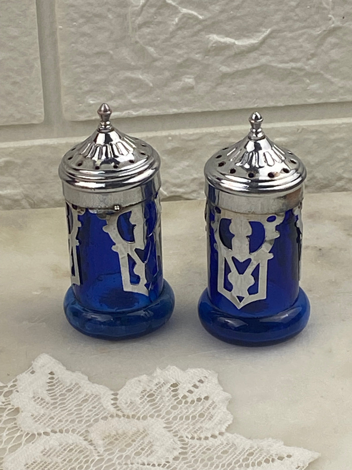 Cobalt Blue Glass Salt & Pepper Shakers with Silver-Tone Screw-Top Metal Lids with Filagree Design