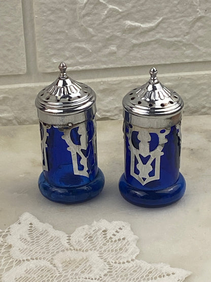 Cobalt Blue Glass Salt & Pepper Shakers with Silver-Tone Screw-Top Metal Lids with Filagree Design