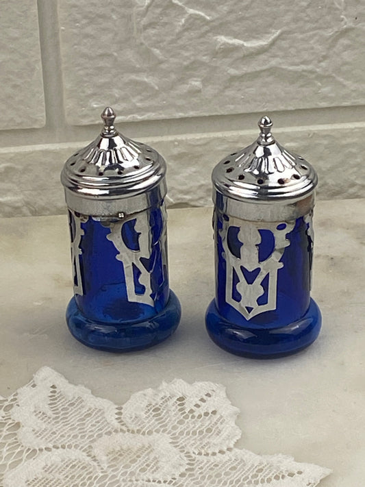 Cobalt Blue Glass Salt & Pepper Shakers with Silver-Tone Screw-Top Metal Lids with Filagree Design