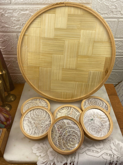 Round Bamboo Drink Tray with Set of 6 x Matching Casters | Butterfly Wings