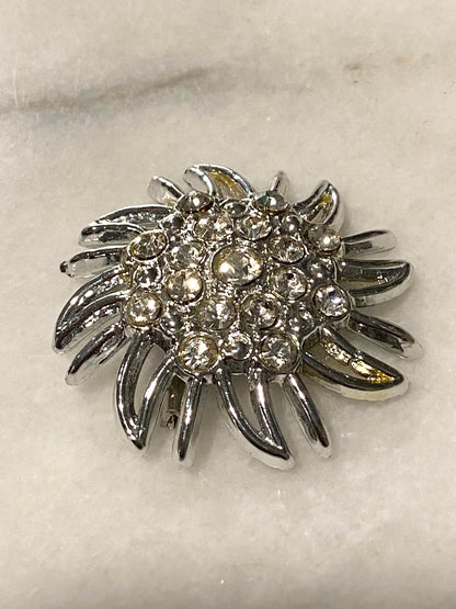 Silver-Tone Sunburst Brooch with Rhinestones