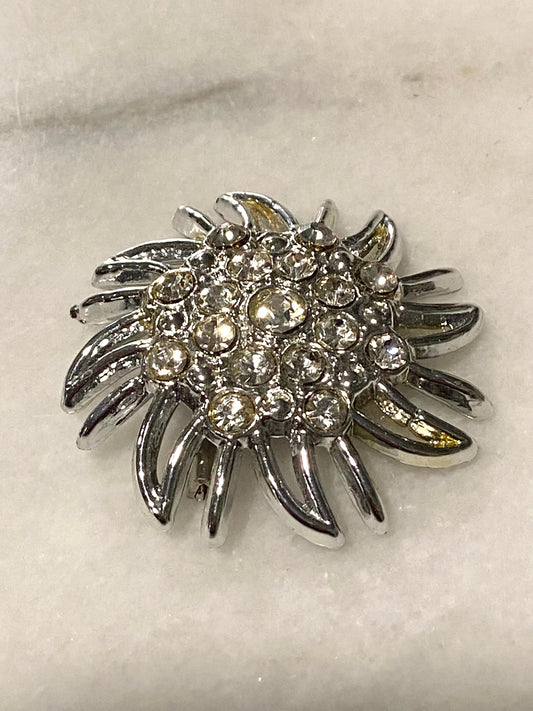 Silver-Tone Sunburst Brooch with Rhinestones