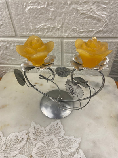 Metal Art Deco Style Twin Candle Holder with Pair of Rose-Shaped Candles
