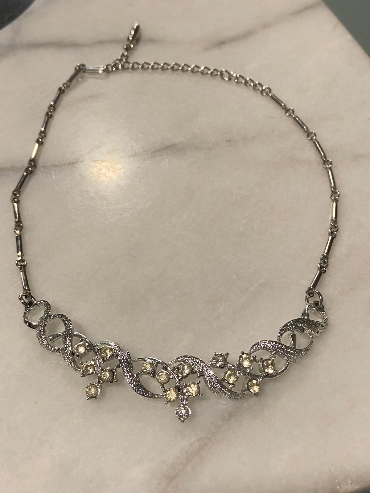 Silver-Tone Art Deco Collar Necklace with Rhinestones | 16”