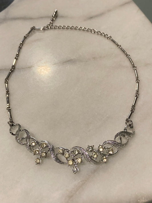 Silver-Tone Art Deco Collar Necklace with Rhinestones | 16”