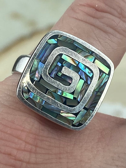 925 Sterling Silver Ring with Square Spiral | Inlaid with Mosaic Abalone Shell