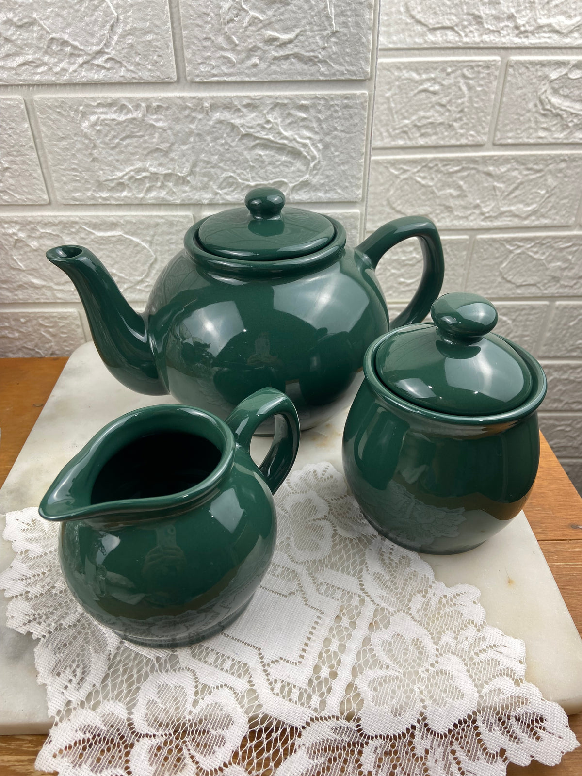 Glossy Ceramic Teapot, Creamer and Pitcher in Forest Green