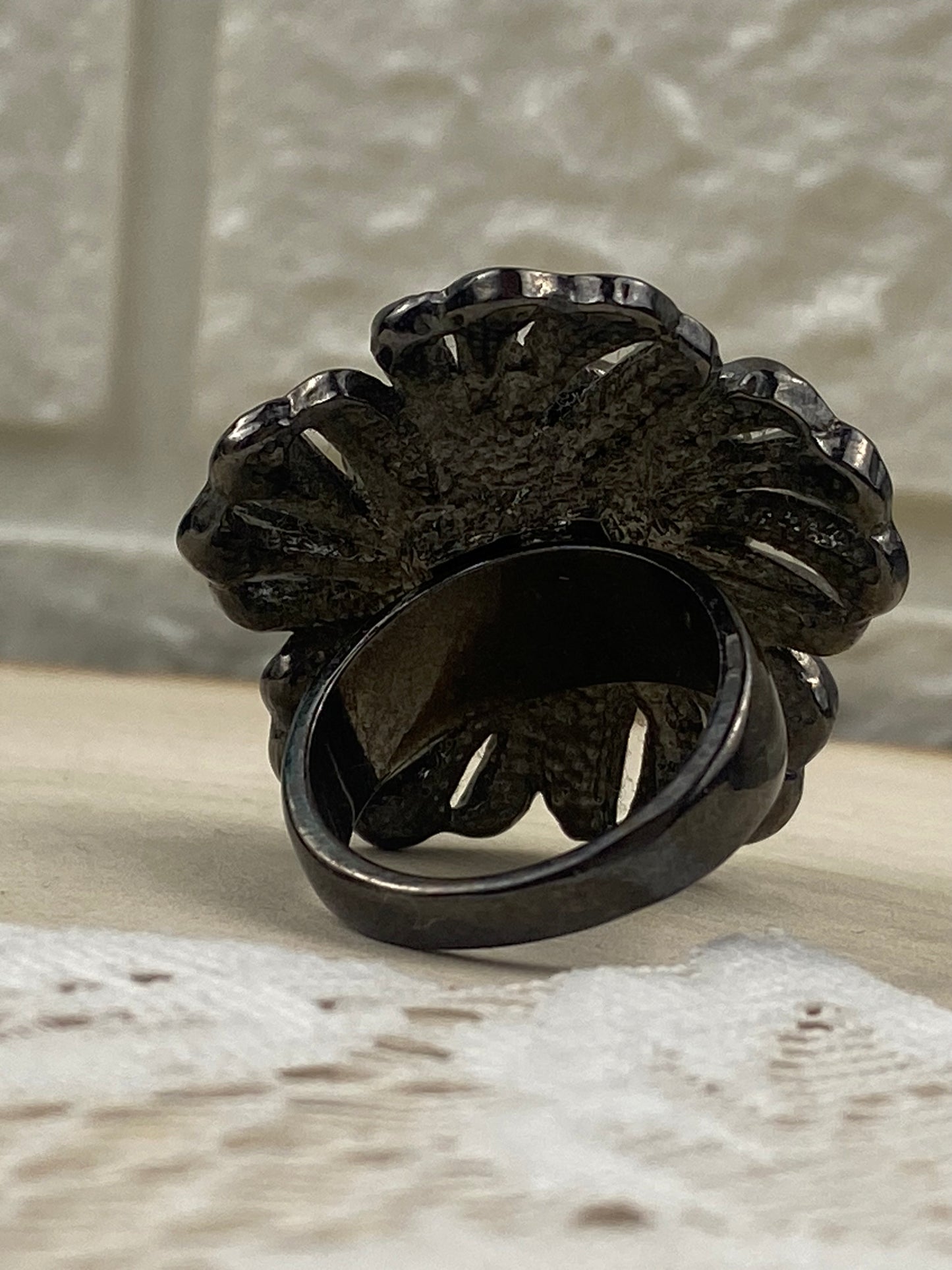 Black Metal Layered Flower Ring with Small Black Stones [Size 7.5]