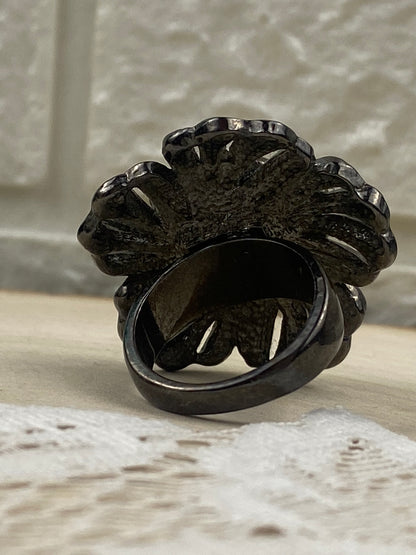 Black Metal Layered Flower Ring with Small Black Stones [Size 7.5]