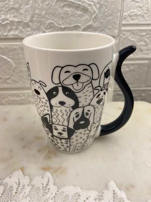 Black and White Ceramic Dog Mig with Tail-Shaped Handle