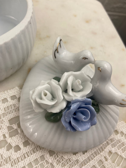 Ceramic Heart-Shaped Trinket Box with Kissing Love Birds and Sculpted White and Blue Roses