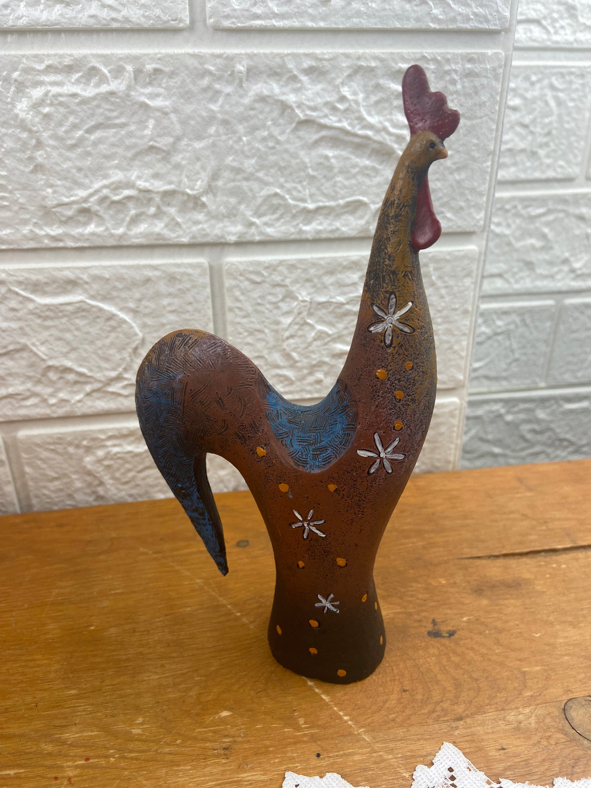 Pair of Hand Painted Folk Art Ceramic Rooster and Hen with Chick Figurines | Textured Pattern