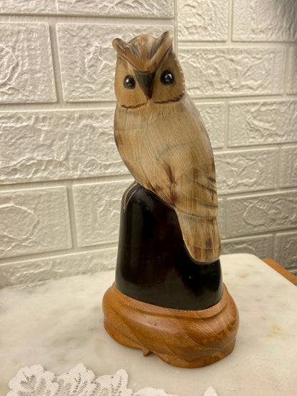 Hand-Carved Owl Sculpture from Water Buffalo Horn | Wooden Base