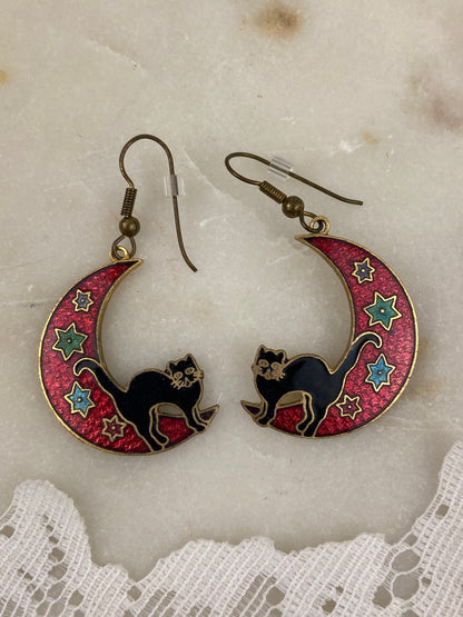 Gold Plate Stefano Cloisonne Earrings | Back Cats on Red Moons [Hooks]