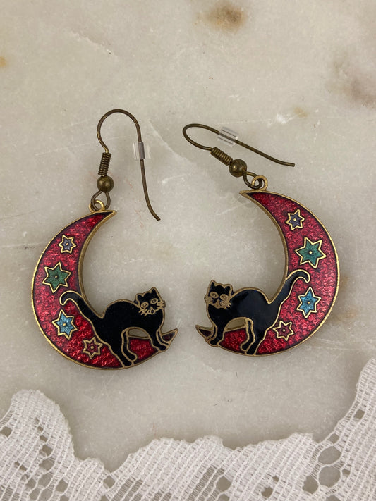 Gold Plate Stefano Cloisonne Earrings | Back Cats on Red Moons [Hooks]