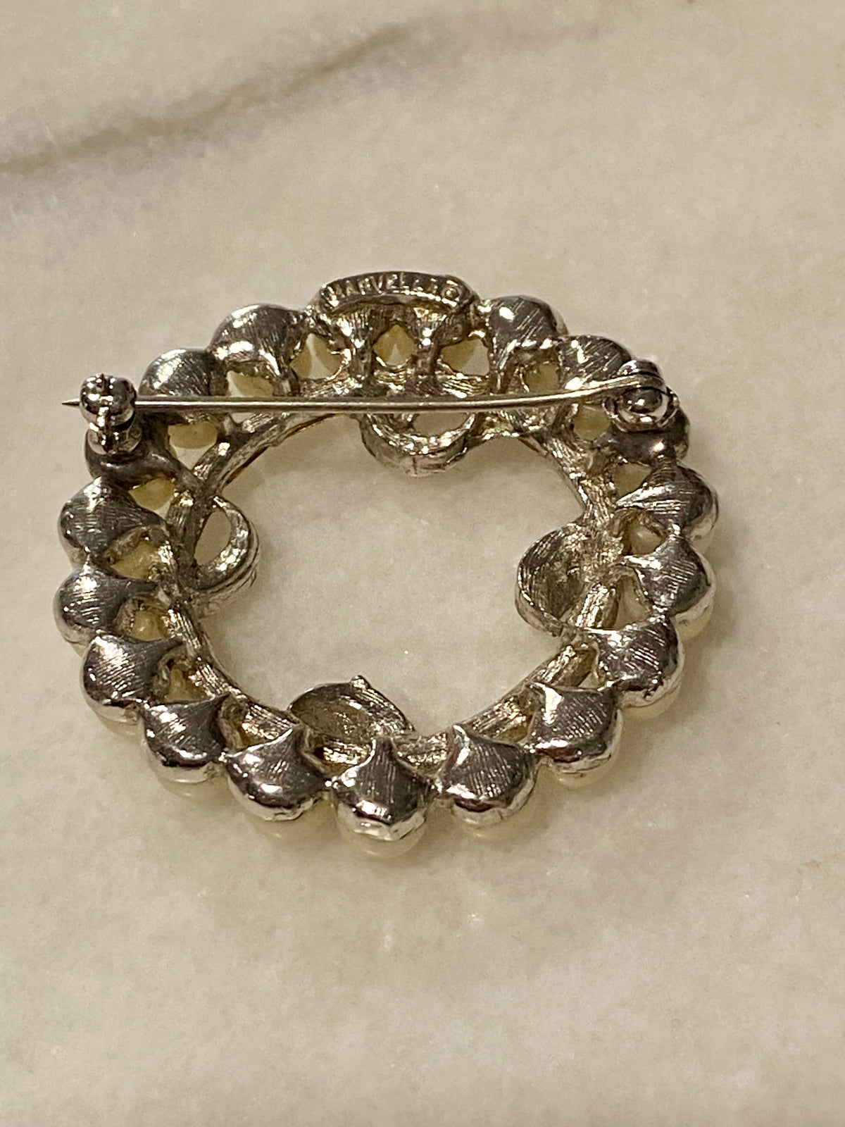 Faux Pearl Wreath Brooch with Rhinestones by Marvella