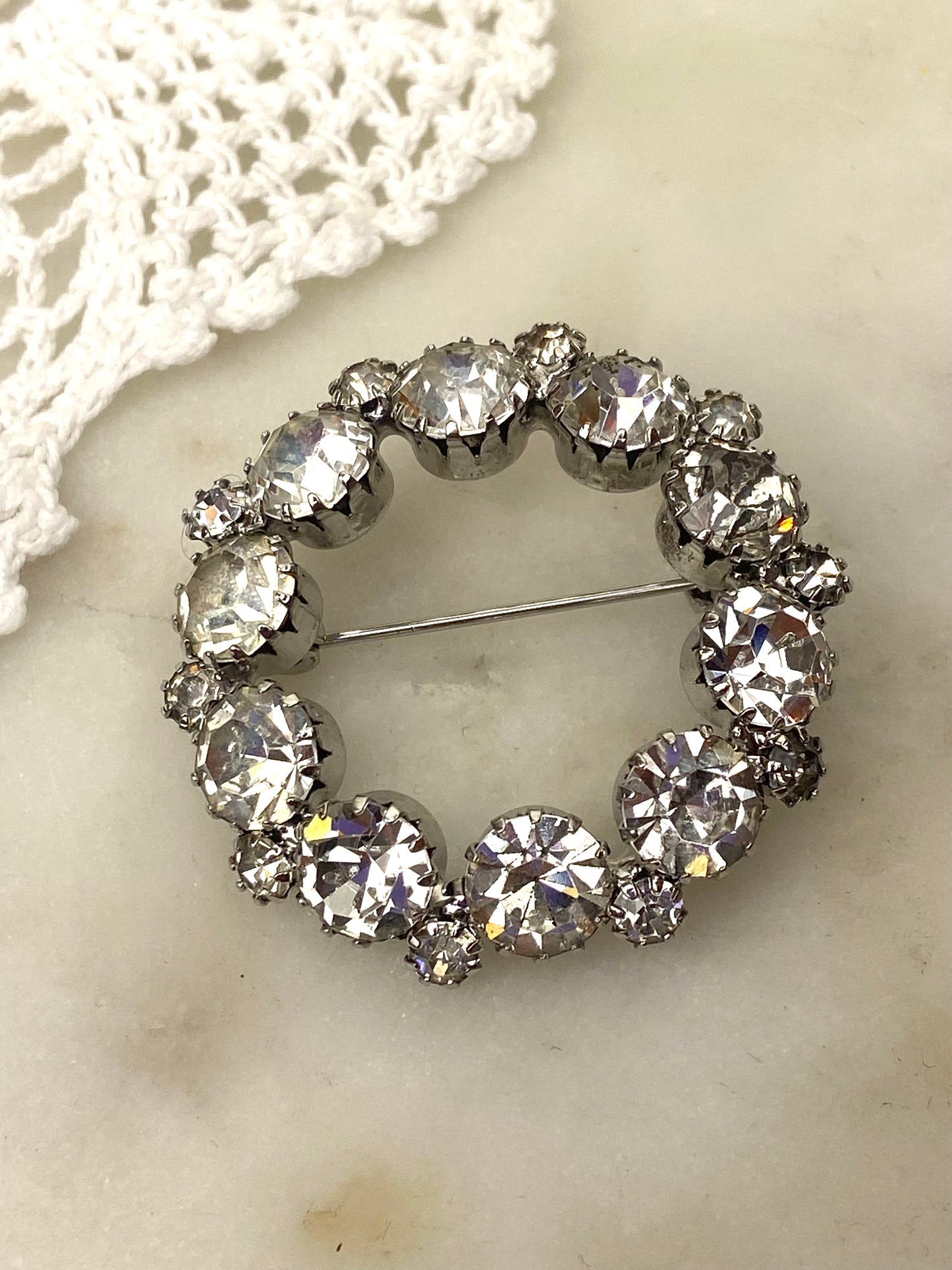 Sparkly Metal and Glass Wreath Brooch