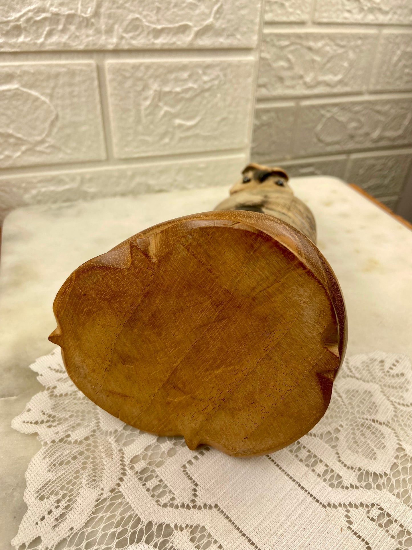 Hand-Carved Owl Sculpture from Water Buffalo Horn | Wooden Base