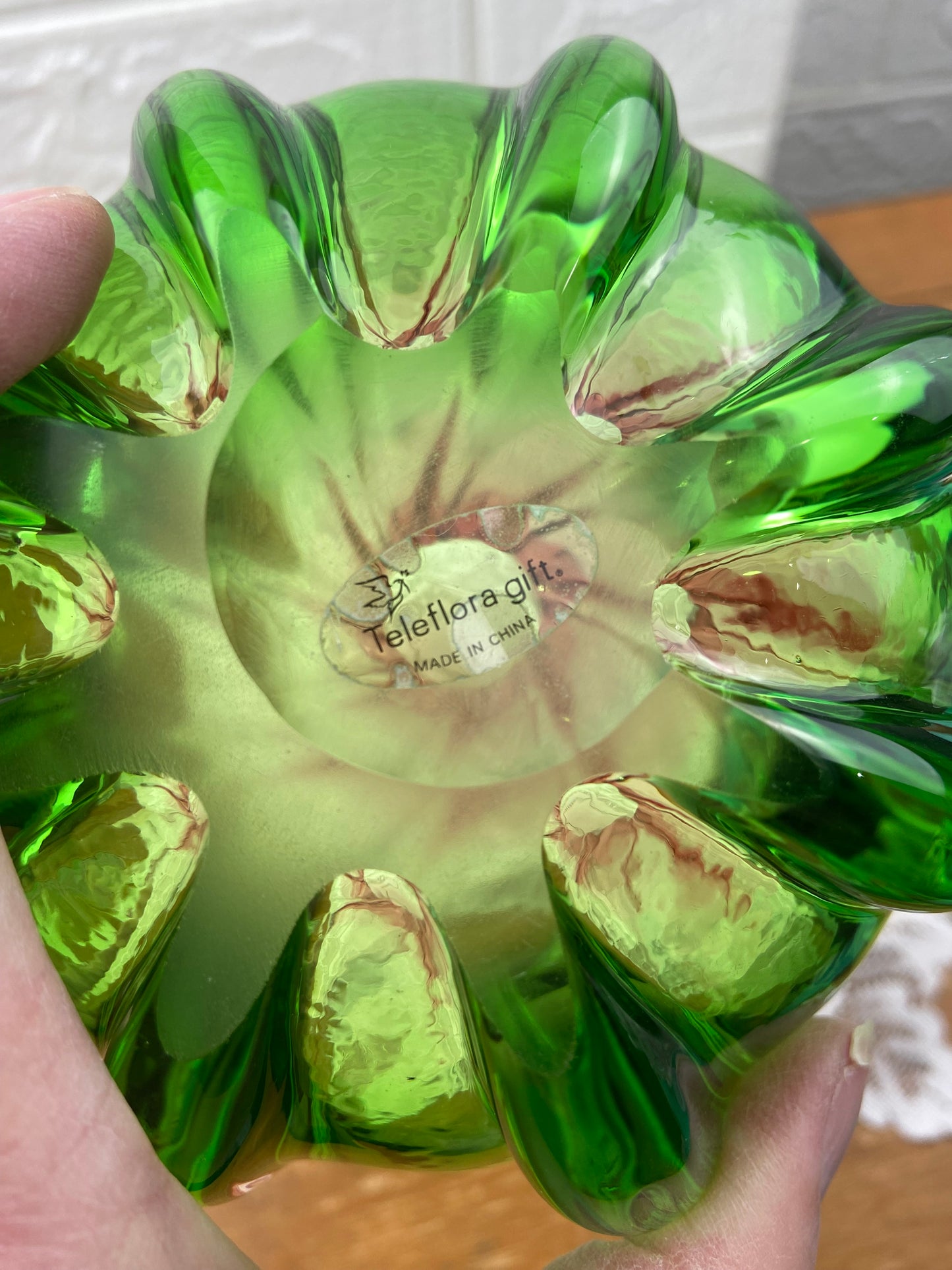 Tulip-Shaped Green and Cranberry Coloured Vase with Ruffled Rim by Teleflora | Glass