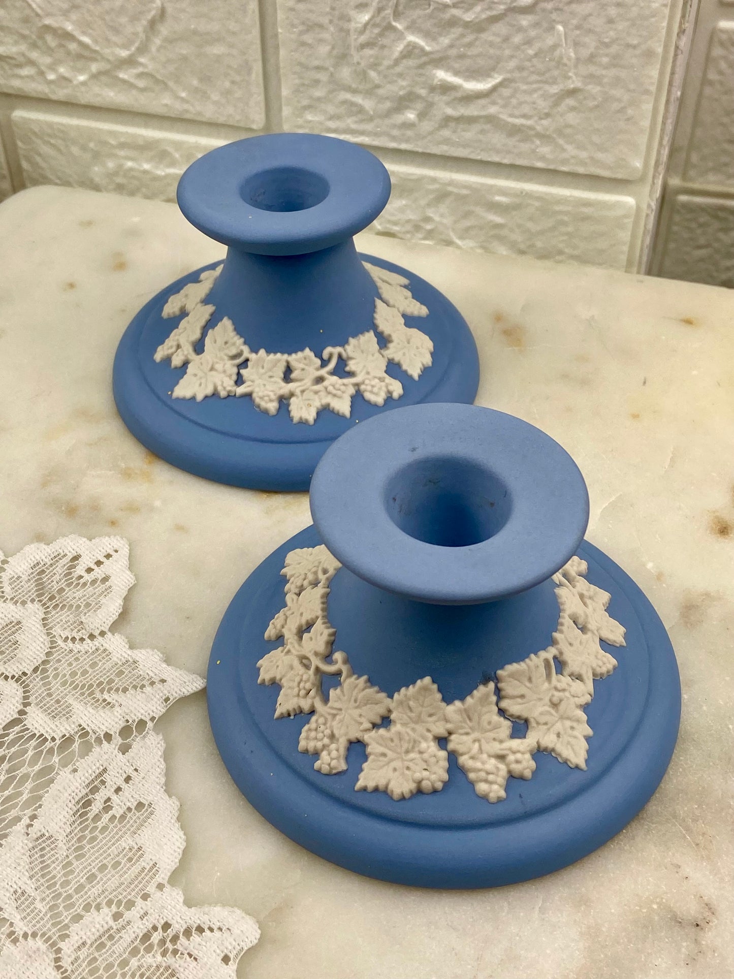 Pair of Blue Jasperware Tapered Candlestick Holders by ECanada Pottery Inc