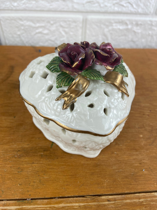 Ceramic Heart-Shaped Trinket Box with Floral Accents