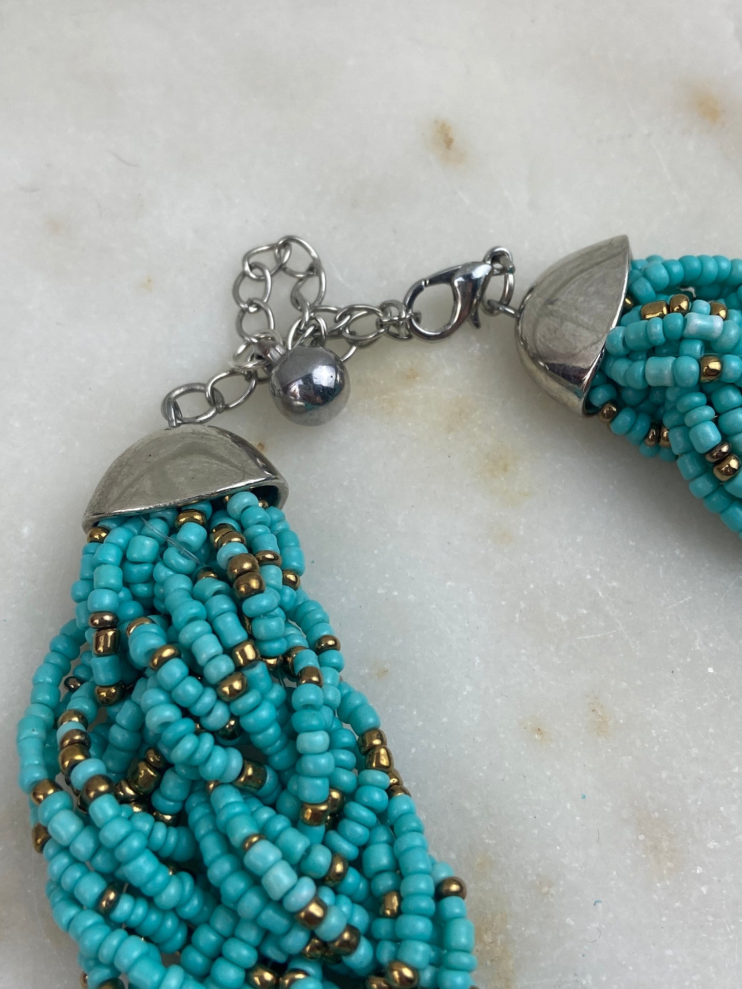 Turquoise and Gold-Tone Seed Bead Braided Necklace