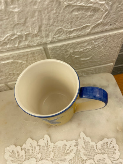 Hand Painted April Cornell Coffee Mug | Yellow and Blue with Dragonfly