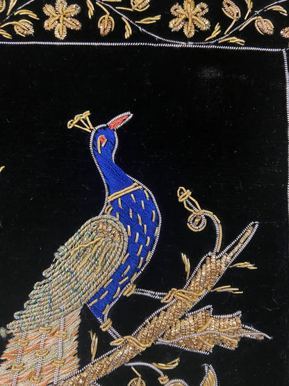 Beaded Lyre Bird Embroidery on Black Velvet; Framed