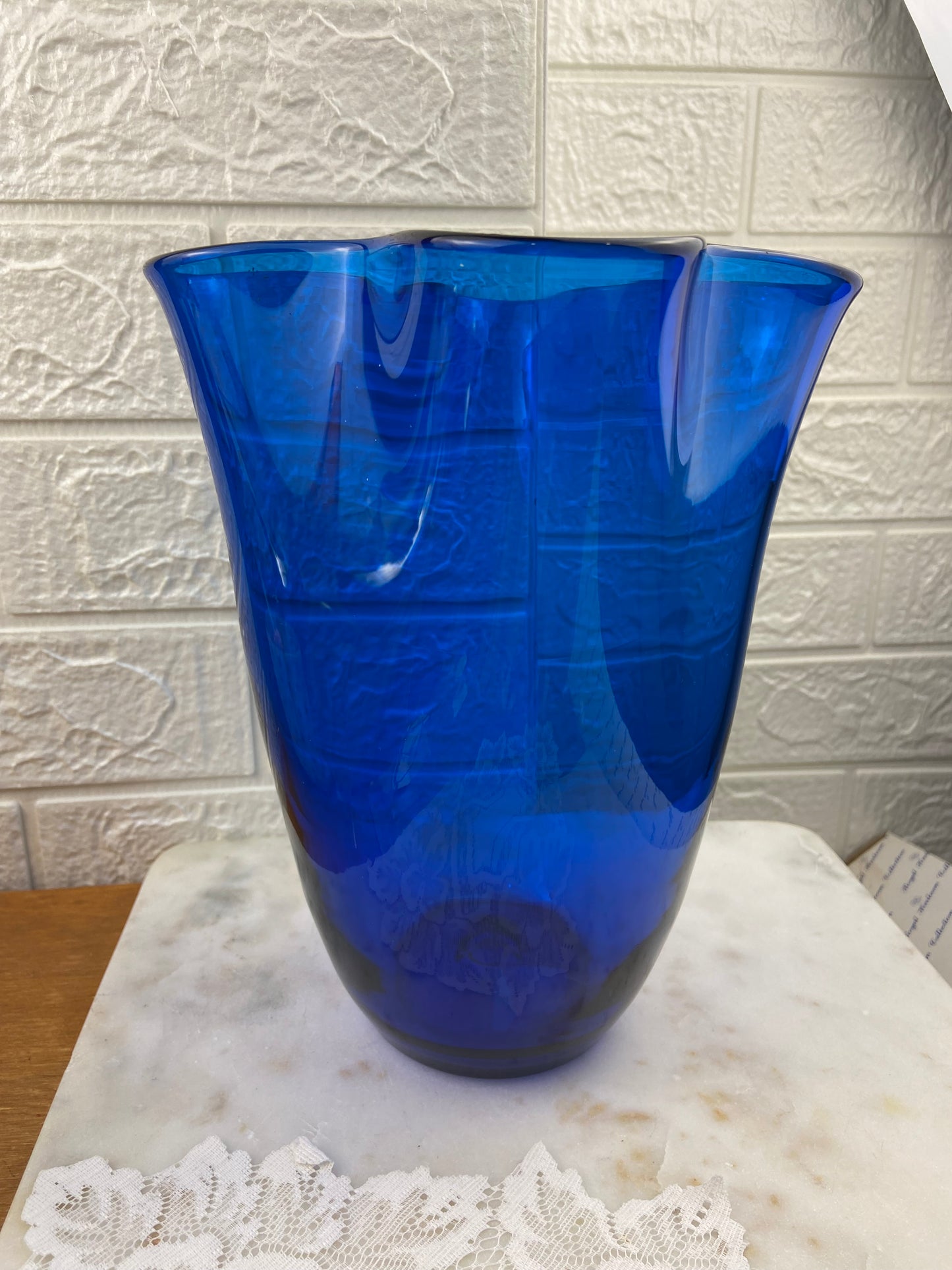 9.25” Cobalt Blue Hand Blown Glass Handkerchief Vase