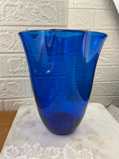 9.25” Cobalt Blue Hand Blown Glass Handkerchief Vase