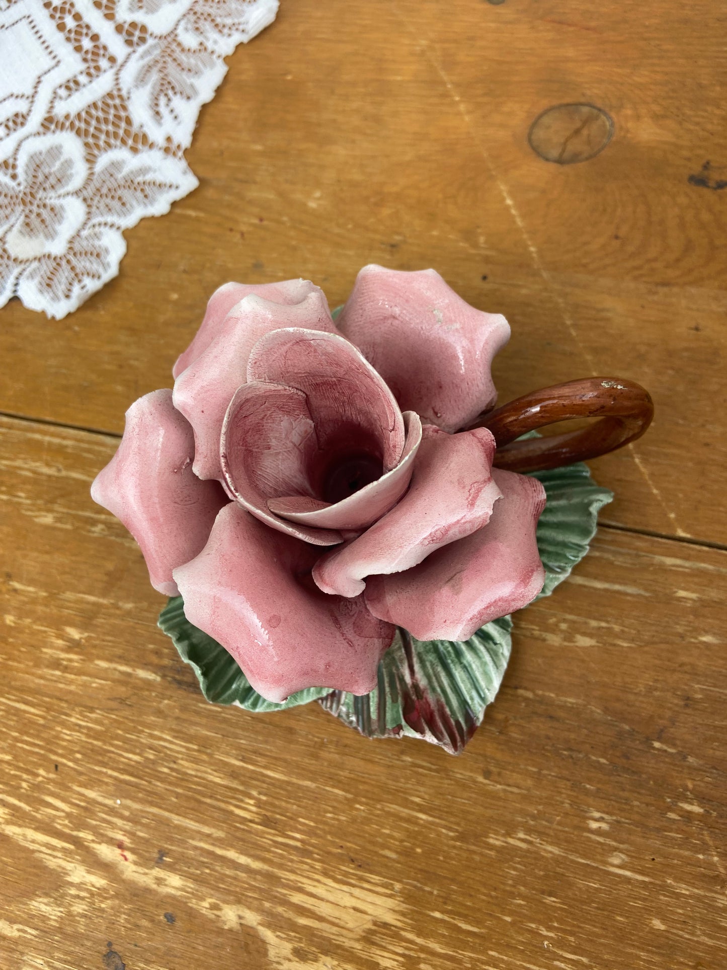 Delicately Sculptured Ceramic Rose Tapered Candle Holder